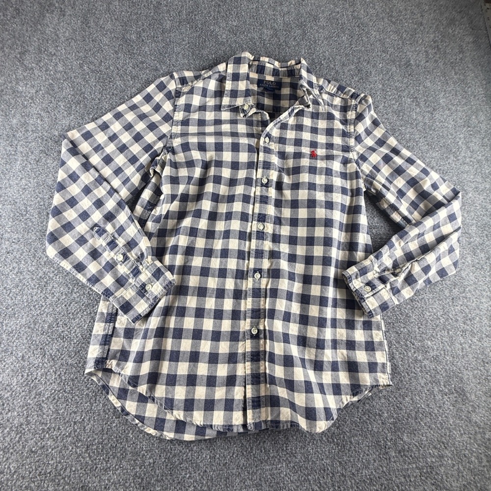 Polo Ralph Lauren Boys XL 18-20 Gingham Check Button Down Shirt Navy Blue Cream